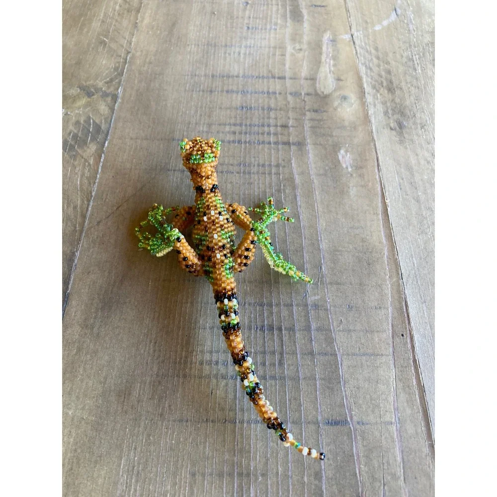 Handcrafted Beaded Lizard Brooch Orange Green Seed Bead Reptile Pin 5 Inch